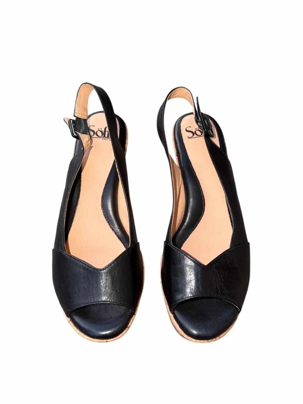 Sofft Black Peep Toe Cork Wedge Slingback Size 8 M